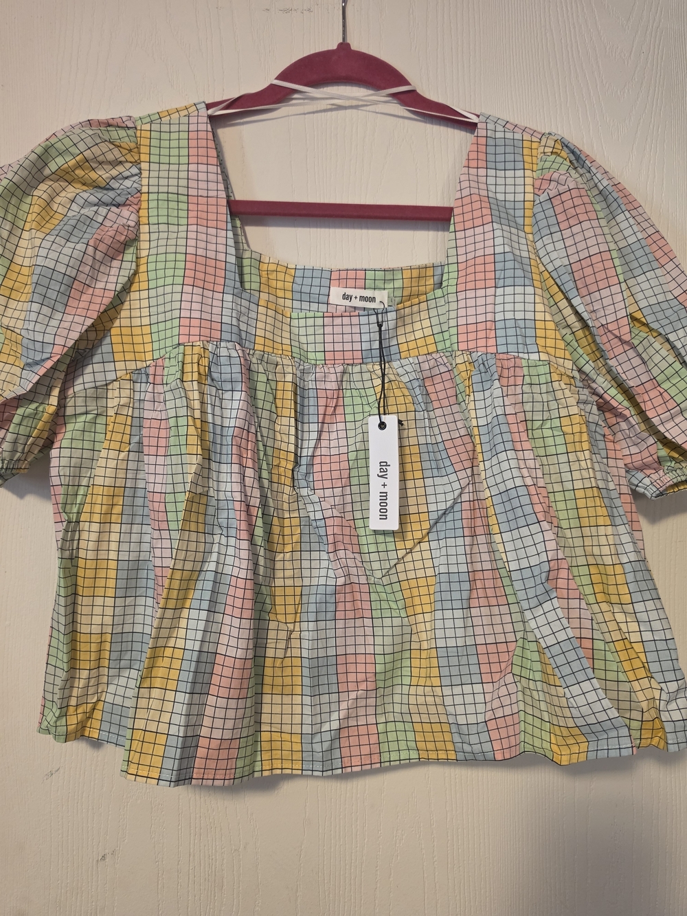 day + moon Pastel Check Puff Sleeve Blouse - Multi Pastels